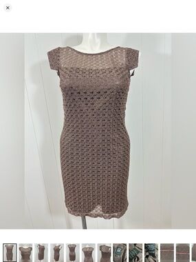 JAX Cap-Sleeve Crochet Sheath Dress in Taupe with gold overlay